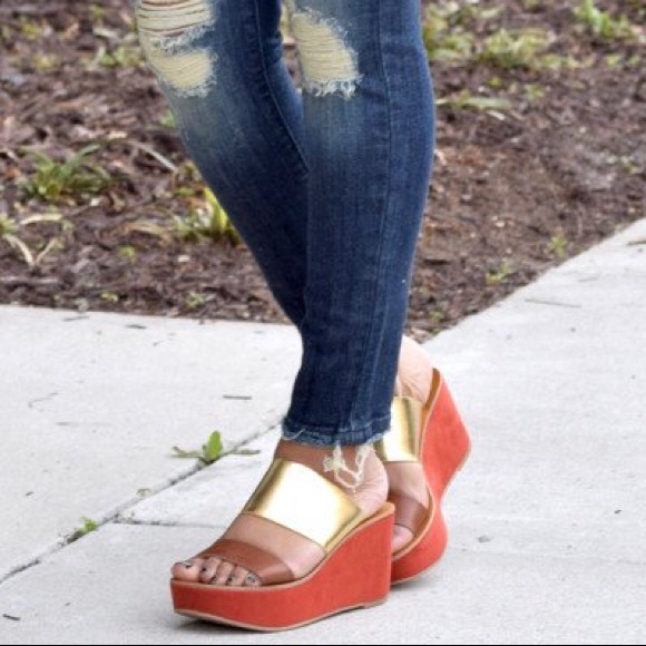 Distressed Colorblock Two Strap Platform Wedge - Picture 3 of 5